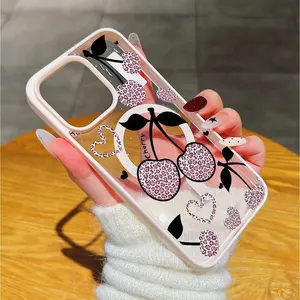 Cherry Glitter Pop Socket Phone Case Y2K Aesthetic Shockproof Anti-Drop Wear-Resistant Transparent Pink Magnetic Cover for iPhone11-17promax Compatible with iPhone 11/12/13/14/15/Promax16/16Promax/16pro/16plus