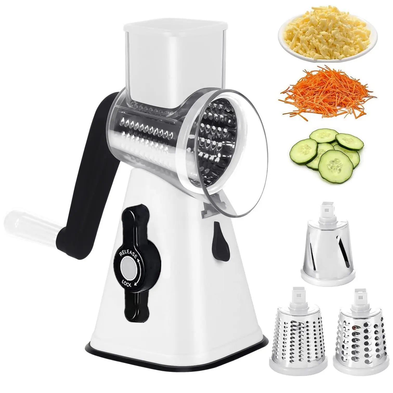 Rotary Cheese Grater - 1 Count Manual 3-in-1 Interchangeable Blades Grater, Plastic & Stainless Steel Kitchen Gadget for Home Use (Vegetables, Nuts), Three Blades