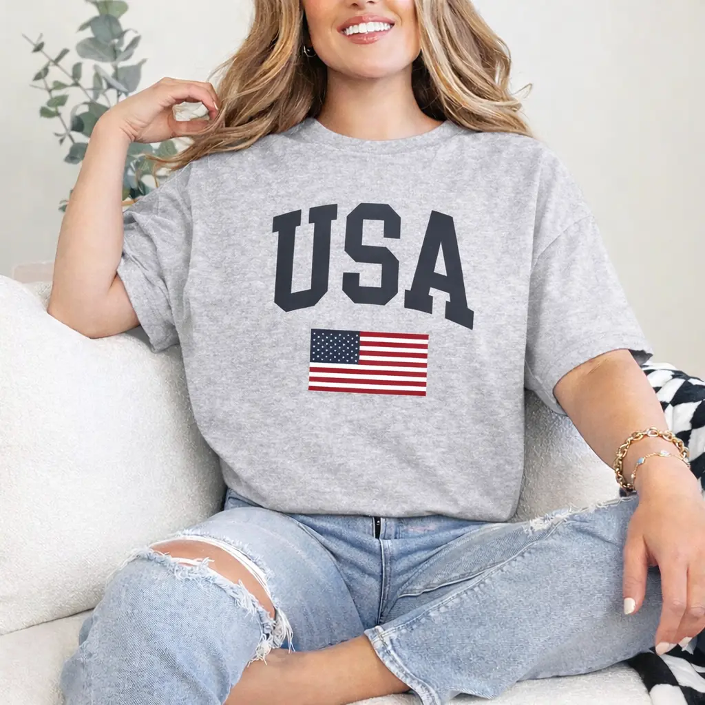 Vintage USA Flag Graphic T-Shirt, Unisex Casual Cotton Top, Comfortable Fitted Crewneck Apparel for 4th of July, Tshirt, Oversized