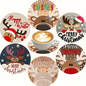 6-piece charming Christmas-style wooden coasters - round, heat-resistant and non-slip drink pads, suitable for home decoration and parties - perfect gift ideas and Christmas-themed home decor