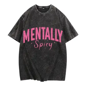 Washed Effect Women's Graphic T-Shirt with Playful "Mentally Spicy" Typography Trendy Vintage Washed Tee for Women Aesthetic Casual Streetwear Top Soft Comfort Fit Shirt for Daily Wear Cute Fun Statement Gift Idea