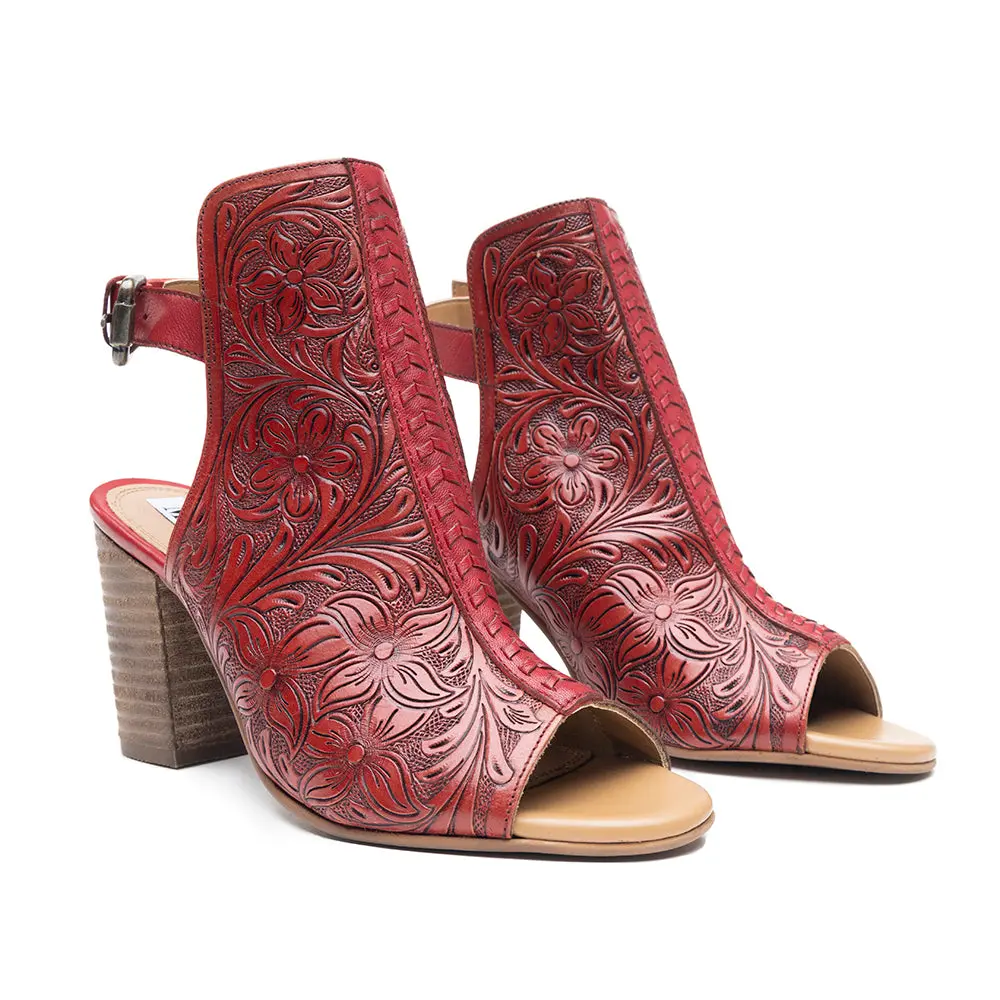 Women's Artisanal Myra Callandra Handtooled Mid-Top Premium Leather Cowboy Boots - Adjustable Buckle Strap, High Heels, EVA Sole, Elegant Footwear for Bold Rodeo Adventures