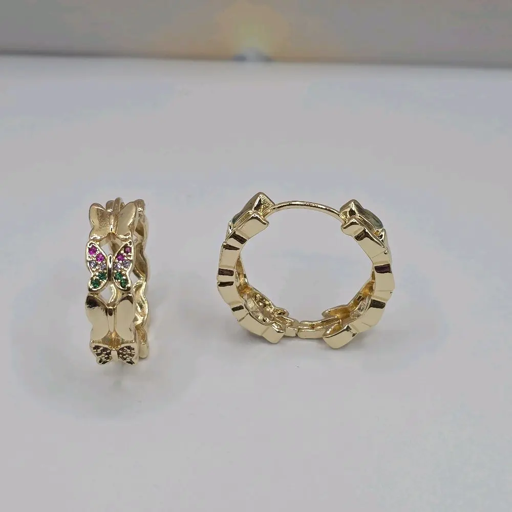 BUTTERFLIES beautiful hoops fashion style color stone's GOLD-PLATED medium size