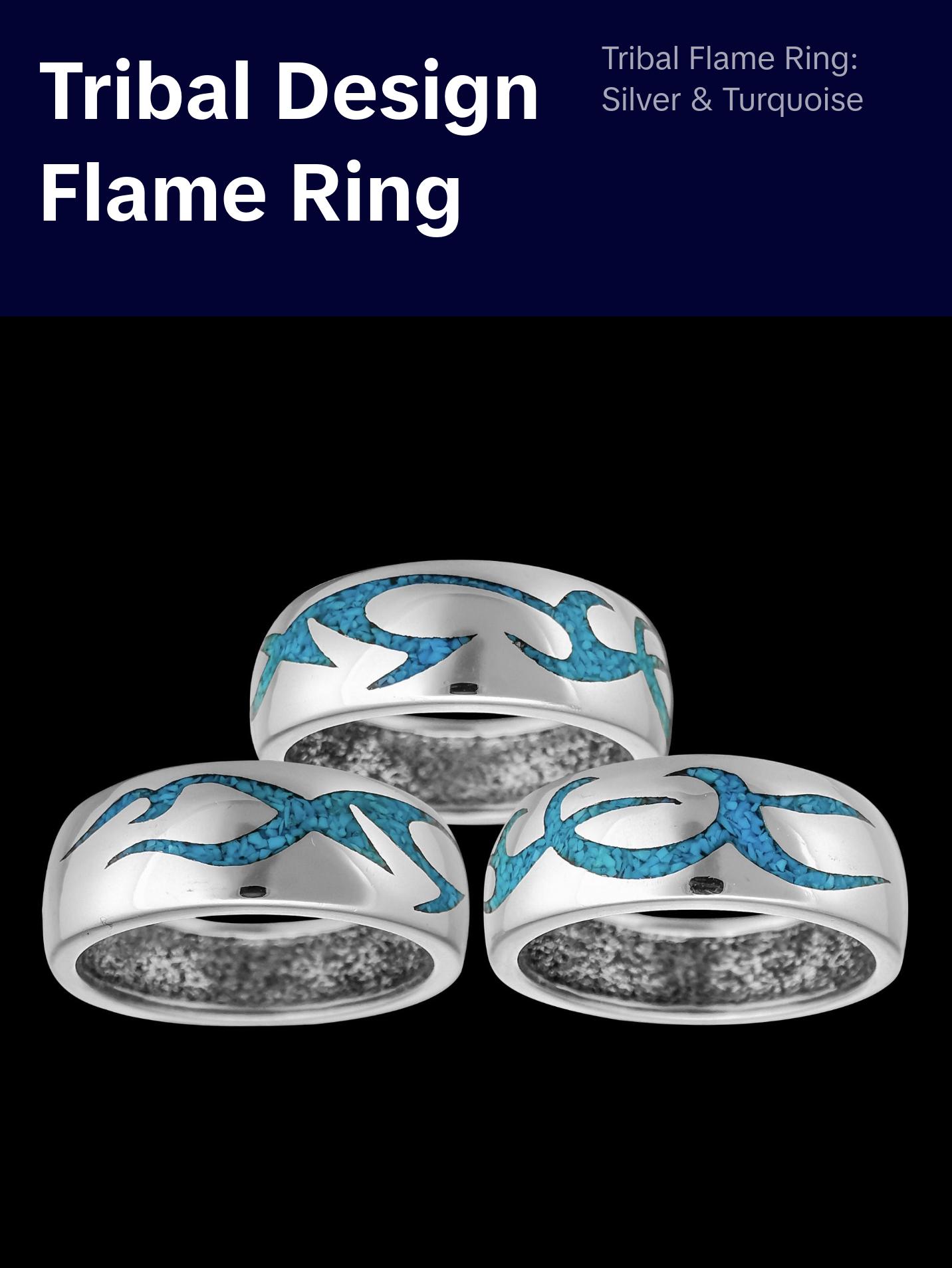 Flame Ring • 925 Sterling Silver • Tribal Design • Fire with Turquoise Accents