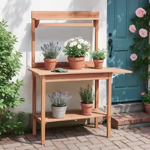 HAOYYE Outdoor Wooden Potting Bench Table with Folding Pallet Metal Tabletop and Storage Shelves Garden Planting Workstation for Backyard Balcony Patio Natural Wood Horticulture Gardening Organizer