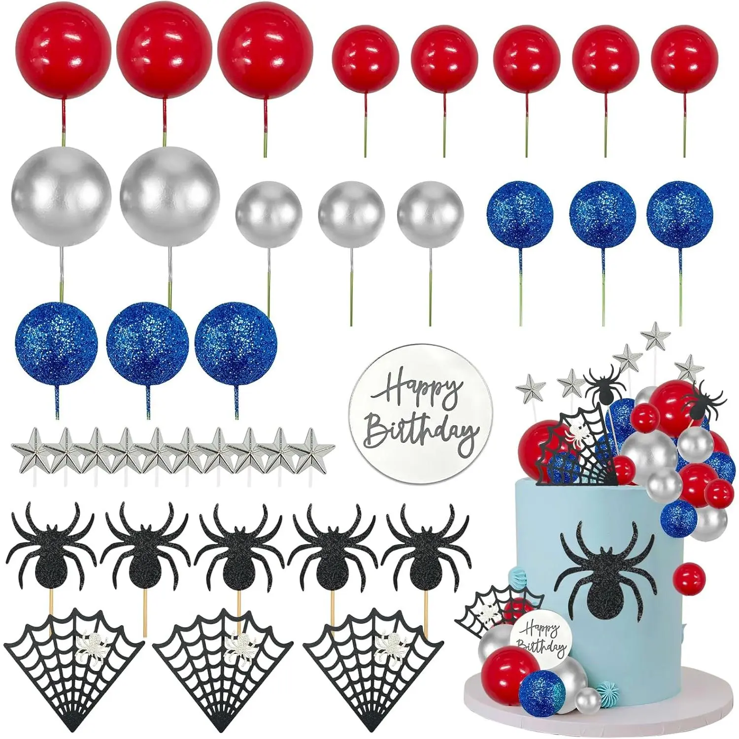 Spider cake topper spider web cupcake decorations spiders theme cake decor glitter happy birthday toppers stars red silver blue balls cupcake topper for boys men baby shower party supplies