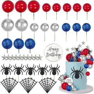 Spider cake topper spider web cupcake decorations spiders theme cake decor glitter happy birthday toppers stars red silver blue balls cupcake topper for boys men baby shower party supplies
