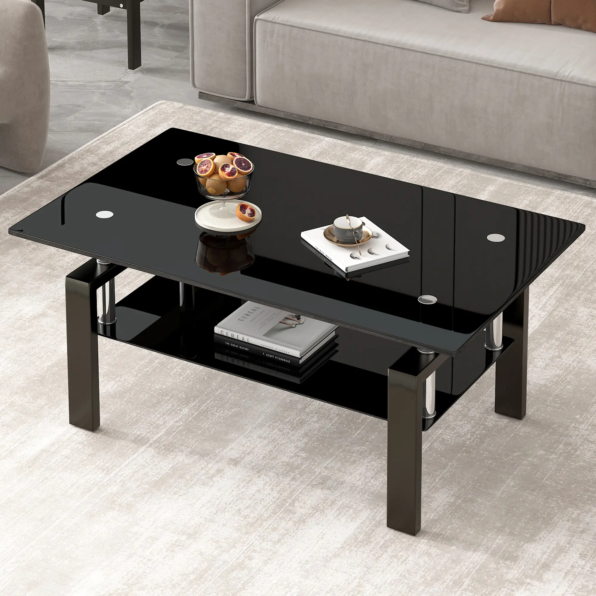 Tempered Glass Coffee Table with Metal Legs, Modern Rectangle Glass Coffee Table, 2-Tier Black Tempered Glass Tea Table for Living Room, Small Coffee Tables, Center Table with Ample Storage, 39.37'' x 23.62'' x 17.72''  (Black)