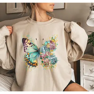 Floral Butterfly Sweatshirt - Hippie Butterfly T-SHIRT Hoodie - Cotton Crewneck - Womenswear - Pockets Available - Ideal for Boho Style Fabric Fit