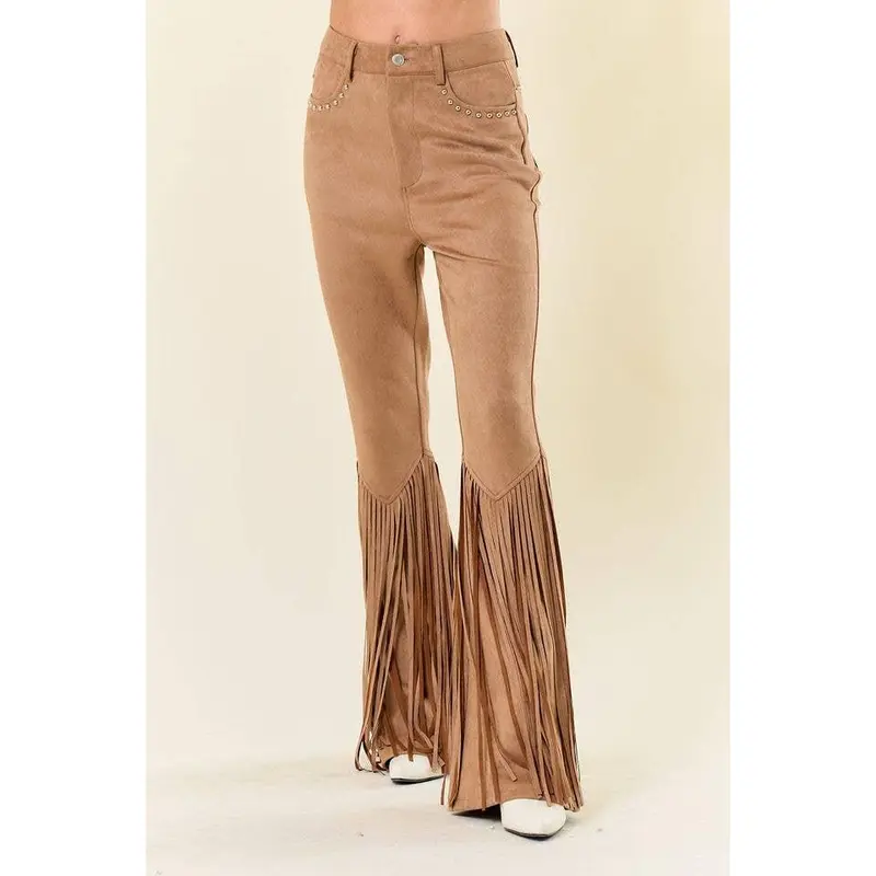 TAN STUDDED FRINGED FAUX SUEDE PANTS - $66.00