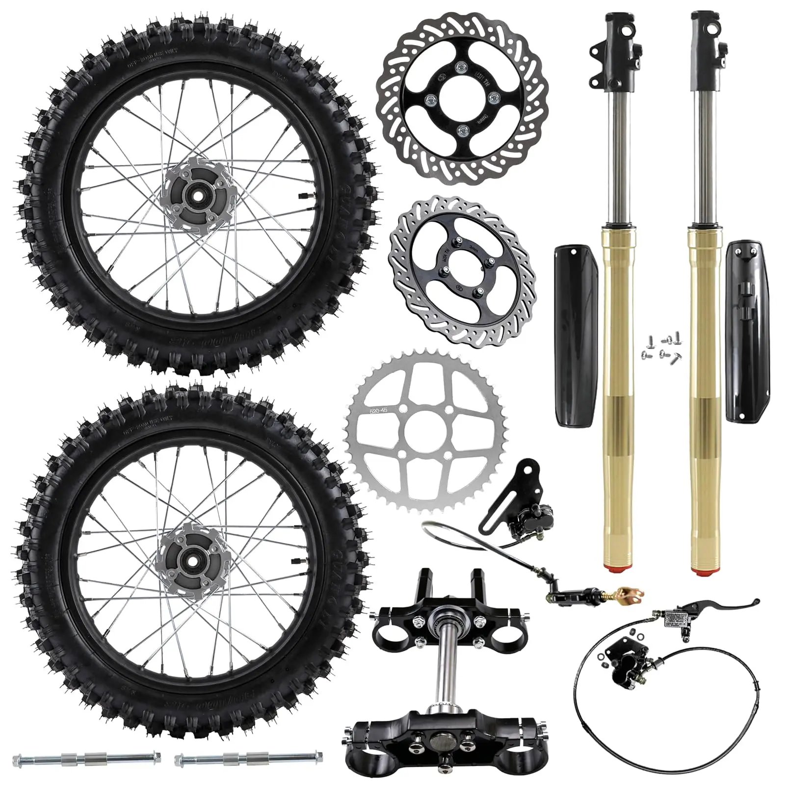 Dirt Bike Front Forks 19" 16" Wheel Combo, 70/100-19 & 90/100-16 Tire with 790mm Front Fork, Triple Tree, Brake Assembly, Sprocket for Pit Dirt Bike Offroad Motorcycle DIY Rebuild