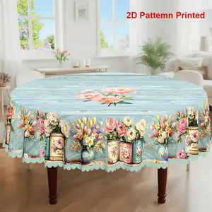 1pc, Spring Summer Themed Party Tablecloth, Tulip Vase Peony Floral Printed Design, Rectangular/Round/Oval Table Cloth, Embossed Edge, Kitchen Dining Outdoor Picnics Dinner Decor Ideal