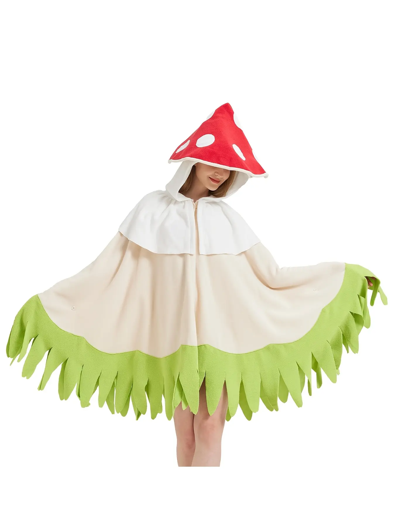 Women's Grass-Edged Red Mushroom Cape, Classic Columbia Costume Accessory for Rocky Horror Halloween Cosplay Outfits, Accessories, Fitted, Casual, Clothes, Thanksgiving, Crew Neck, Knitting, Valentines Day, Grass Edge Trim Womenswear Crewneck