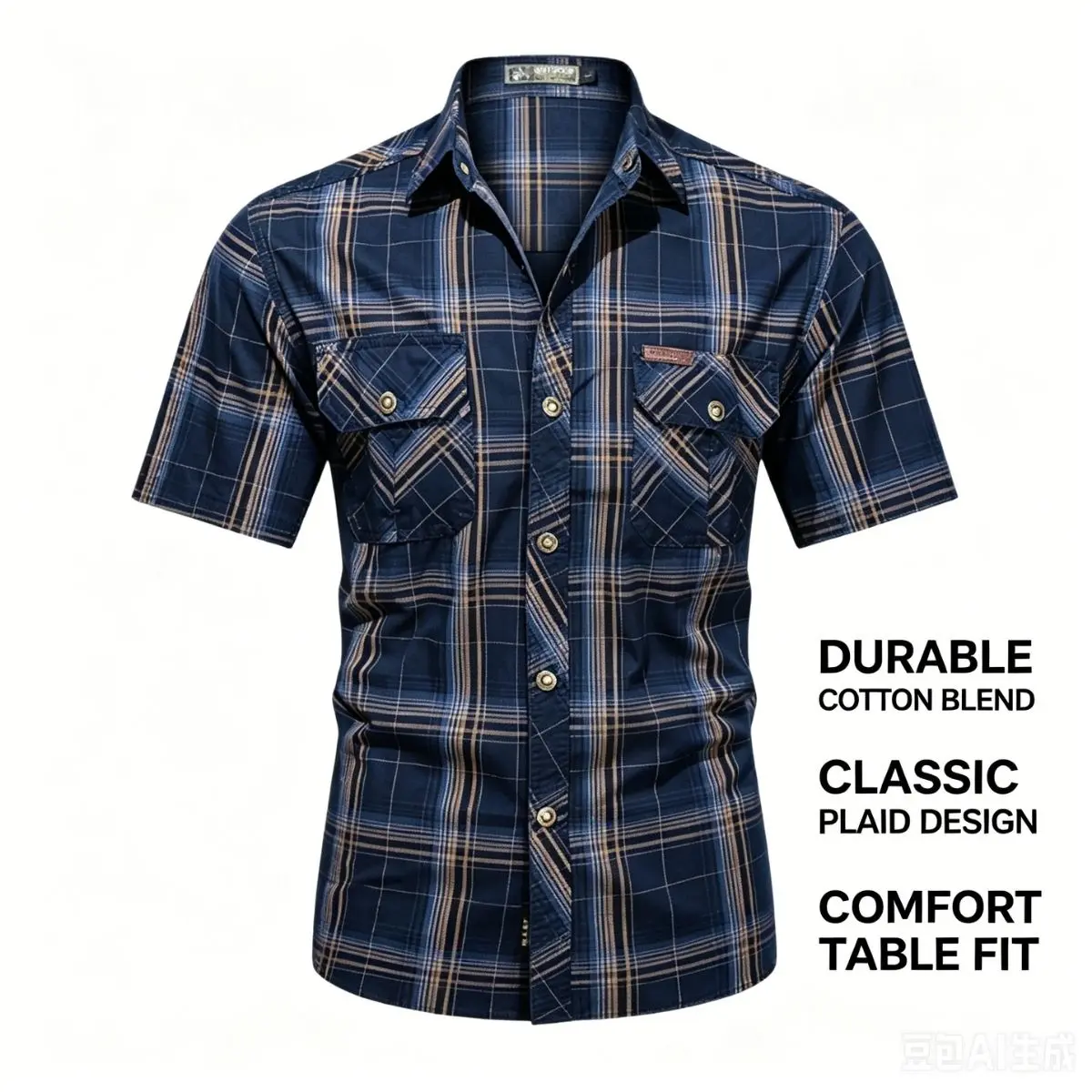 Men's Casual Checked Shirt, Short Sleeve Button-Up with 2 Patch Pockets - Breathable Basic Menswear for Outdoor Hiking, Casual Fashion Wear, Plaid, Classic Plaid Shirt, Fabric, Shortsleeve, Plaid Shirts