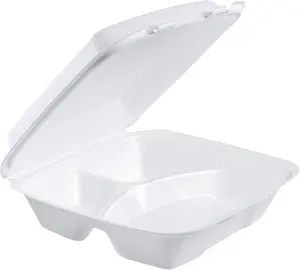 9-inch Foam Food Container, 3-Compartment Disposable Plates with U-Vent Style Lids, 100-Pack, Takeout Food Boxes for Meal Prep, Restaurant, Catering, To-Go Containers.