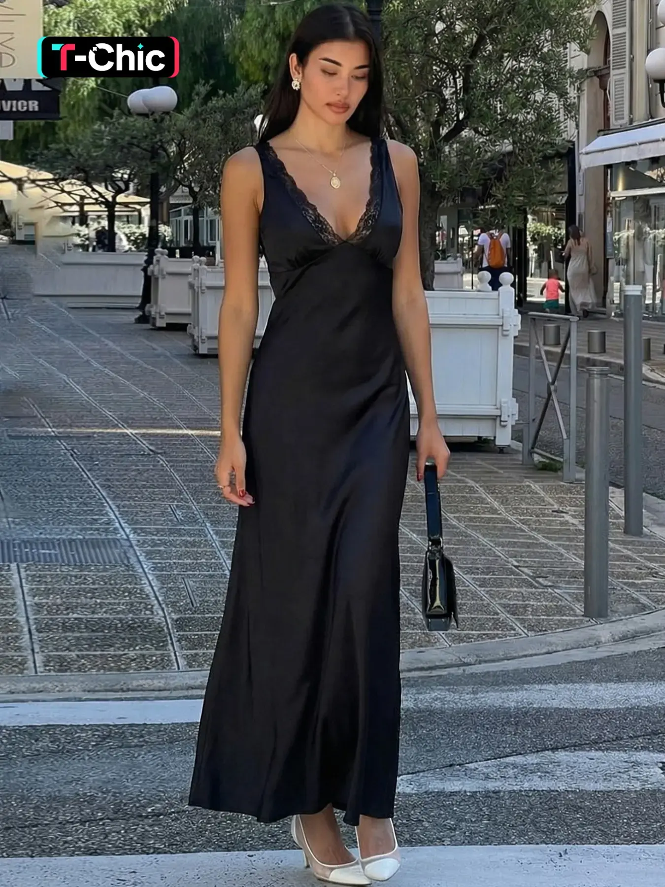 Women's Satin Lace Trim V Neck Solid Bodycon Tank Dress, Womenswear,  Elegant Fashion Dress, Sexy Backless