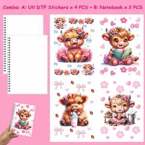 6 in 1 Notebook Set with Cute Cow UV DTF Stickers, Self Adhesive Decals for Mugs Laptops Phones, DIY Holiday Gift for Cow Lovers