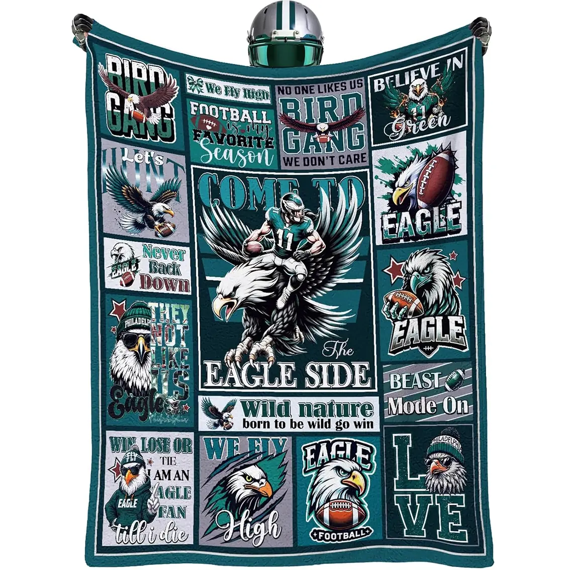 1pc Eagle Throwing Blanket, Men's Gift, Green Football Rugby Soft Flannel Slogan Print Blanket, Cozy Throw Blanket, Suitable for Girls and Boys, Ideal for Sofas, Bedrooms, Beds, Sports Games, and Birthday Gifts, Graphic Throw Blanket
