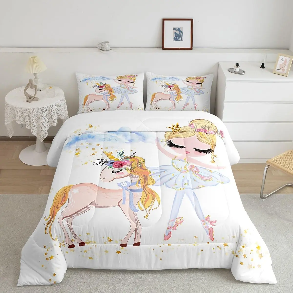 Feelyou Ballet Comforter Set - Princess Bedding with Ballerina Dancer & Cute Unicorn Print, Breathable Soft Bed Cover, Quilt Duvet Insert for Little Dancers, Breathable Bed Cover