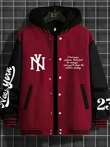 Men's Casual Letter N-Y-23 Print Baseball Jacket, Fitted Design, All Seasons Wear, Versatile Net Edition, H Type Silhouette