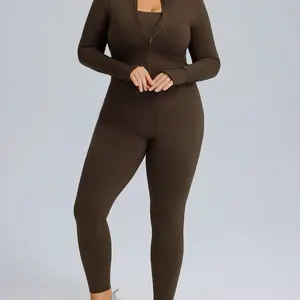 Plus Size Two Piece Gym Sets - Brown Long Sleeve Top & High Waist Leggings for Comfortable Workouts