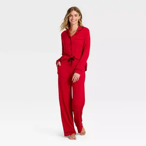 Women's Cloud Knit Modal Long Sleeve Notch Collar Top and Pants Pajama Set - Auden Red L
