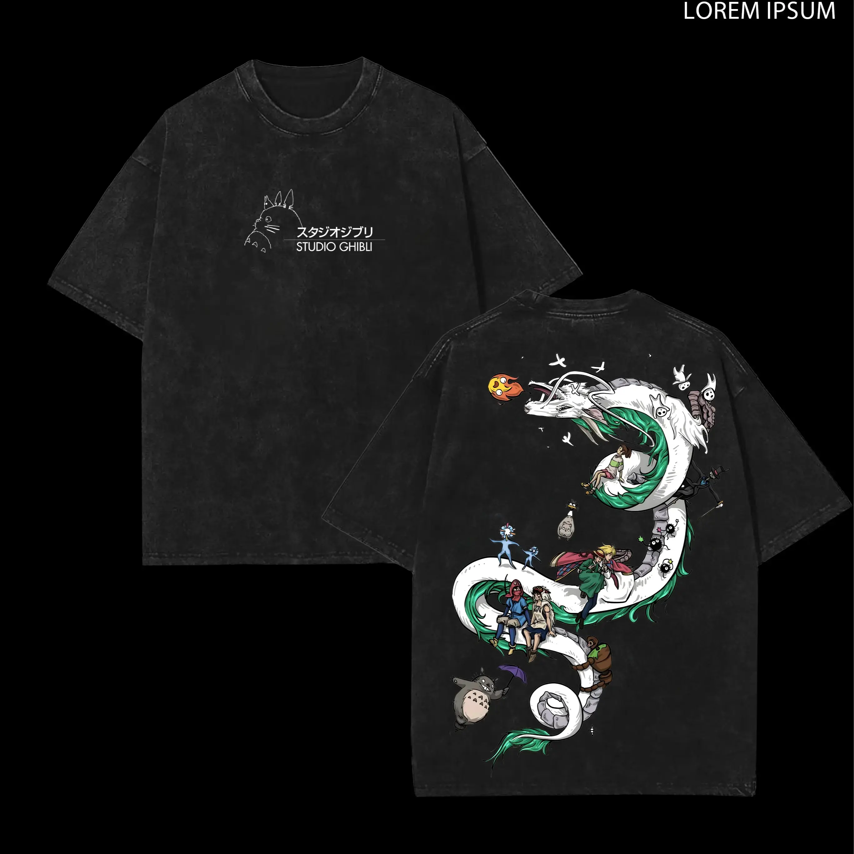 Women's Spirited Away Studio Ghibli Double-Sided Graphic Casual Short-Sleeve Top, Vintage Washed Heavyweight Cotton Oversized Retro Drape Unisex Anime Streetwear Gift for Fans