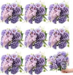 8 Pcs 13.4 Inch Artificial Flowers Bouquet Fake Silk Flowers Faux Bouquet Hydrangea Bouquets for Mother's Day Wedding Birthday Table Centerpieces Home Office Decoration(Purple,Peony)