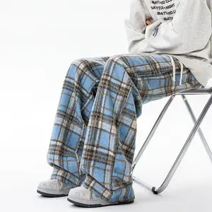 Men's Plaid Pants for Spring, Woolen Trousers, Vintage Streetwear Loose Wide-Leg Pants, Casual Full-Length Trousers, Straight-Leg Casual Long Pants, Versatile Brushed Unisex Drawstring Waist Full-Length Pants Suitable for Everyday Wear