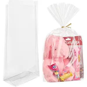10x14x3.3 Inch Flat Bottom Gusset  Bags, 50 count Clear Cellophane  Bags with 50 Twist Ties Goodie Bags for Easter Party Favor Cookie, Popcorn,