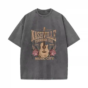 Nashville Music City Acid Wash T-Shirt Country Guitar Graphic Oversized Tee summer tops women tshirt women's