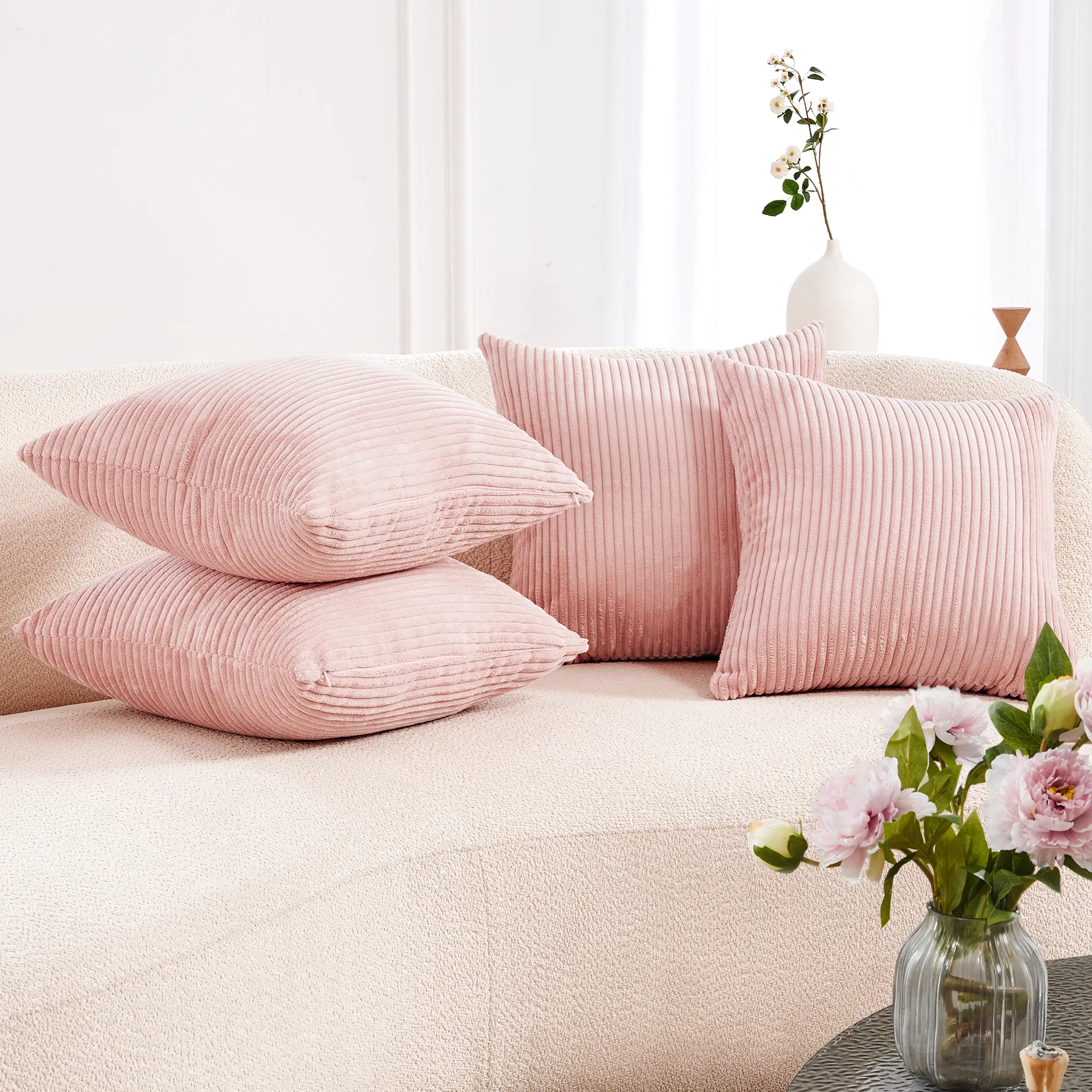 Deconovo Corduroy Pillow Covers Set of 4 - Pillow-Shaped, Interchangeable Modern Cushion Covers with Striped Texture, Invisible Zipper, Ideal for Living Room, Bedroom, Pillow-Shaped Cushion Covers