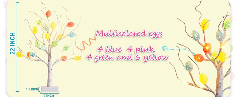 EAMBRITE Easter Decorations 22" Lighted Tabletop Tree with 18 Cracked Eggs White Birch Design USB Battery Powered for Indoor Home Spring Decor