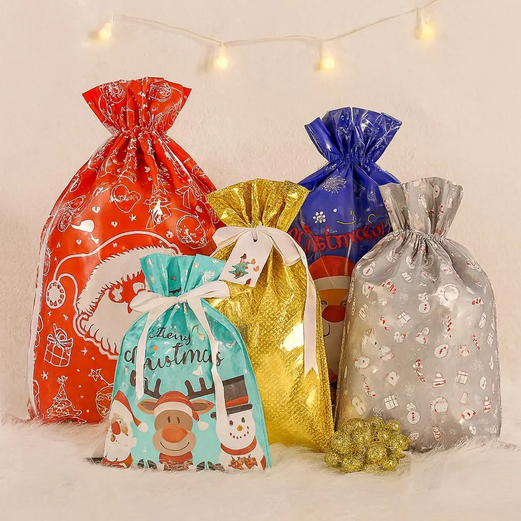 60 PCS Christmas Drawstring Gift Bags (30 Gift Bags + 30 Tags) | Gift/Candy Storage Reusable Bags | Holiday Party Decoration | Multi-Style in One