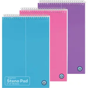 Steno Pads Spiral 6 x 9 inches, Gregg Rule White Paper, 80 Sheets Steno Notebook for writing in , , Green, Blue, Red, Grey, Color May Vary (3 Pack)
