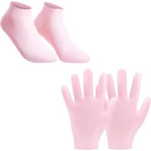 2 Pairs Silicone Moisturizing Socks and Gloves Set for Dry Cracked Feet and Hands, Spa Socks for Repairing Dry Cracked Skin, Silicone Foot Socks for Women, Pedicure Socks for Foot Care-Pink