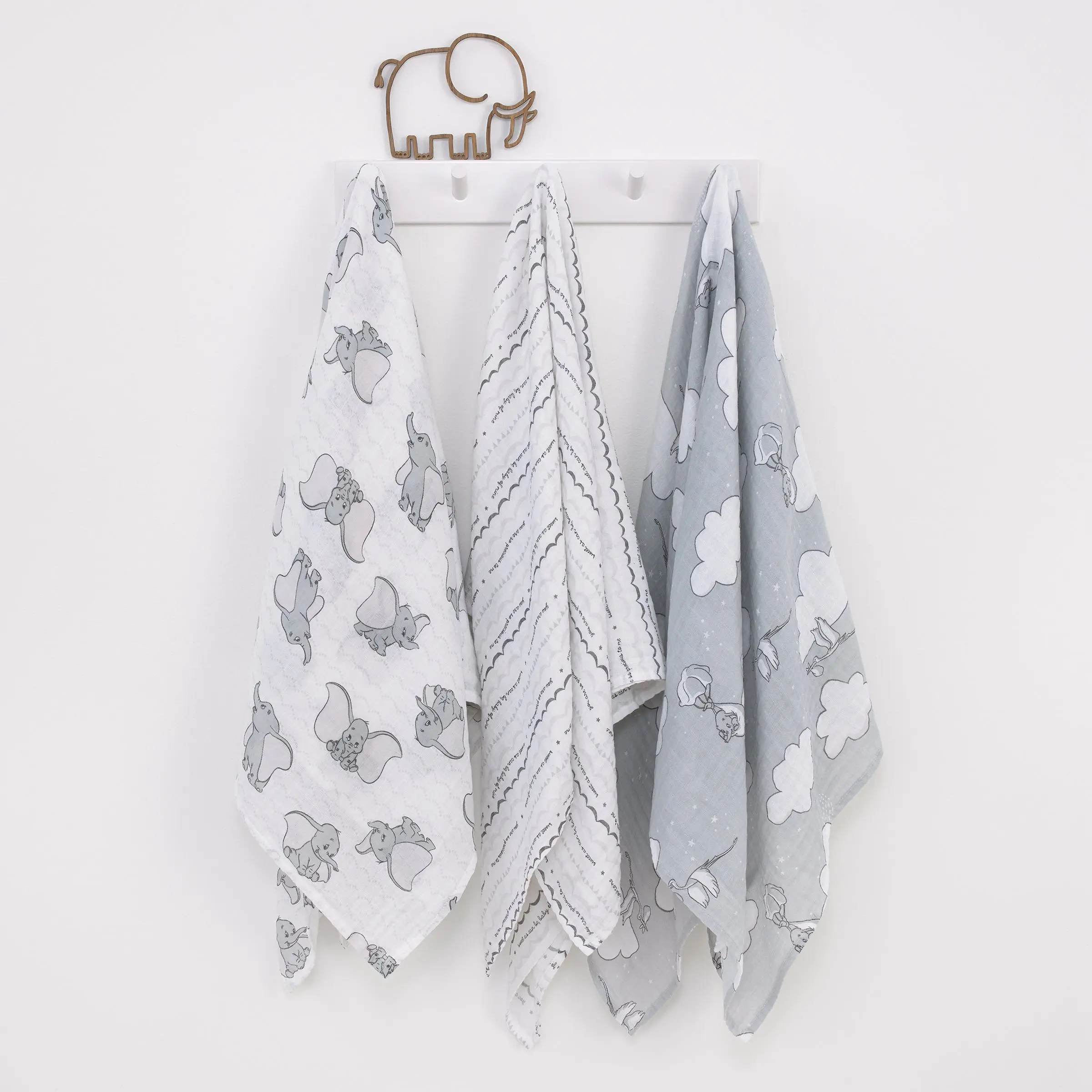 Disney Dumbo Gray and White 3 Piece Muslin Swaddle Baby Blanket Set