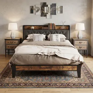 Vintage Brown Gray MDF Platform Bed Frame With Storage Headboard Built-in US Power Outlet Stable Noise Free No Box Spring Needed Multi Size Modern Bedroom Household Furniture