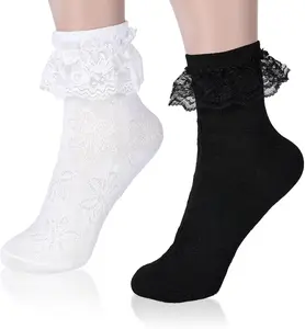 2pairs White Ruffle Socks for Women Turn-Cuff Lace Frilly Ankle Comfortable Cotton Princess Socks