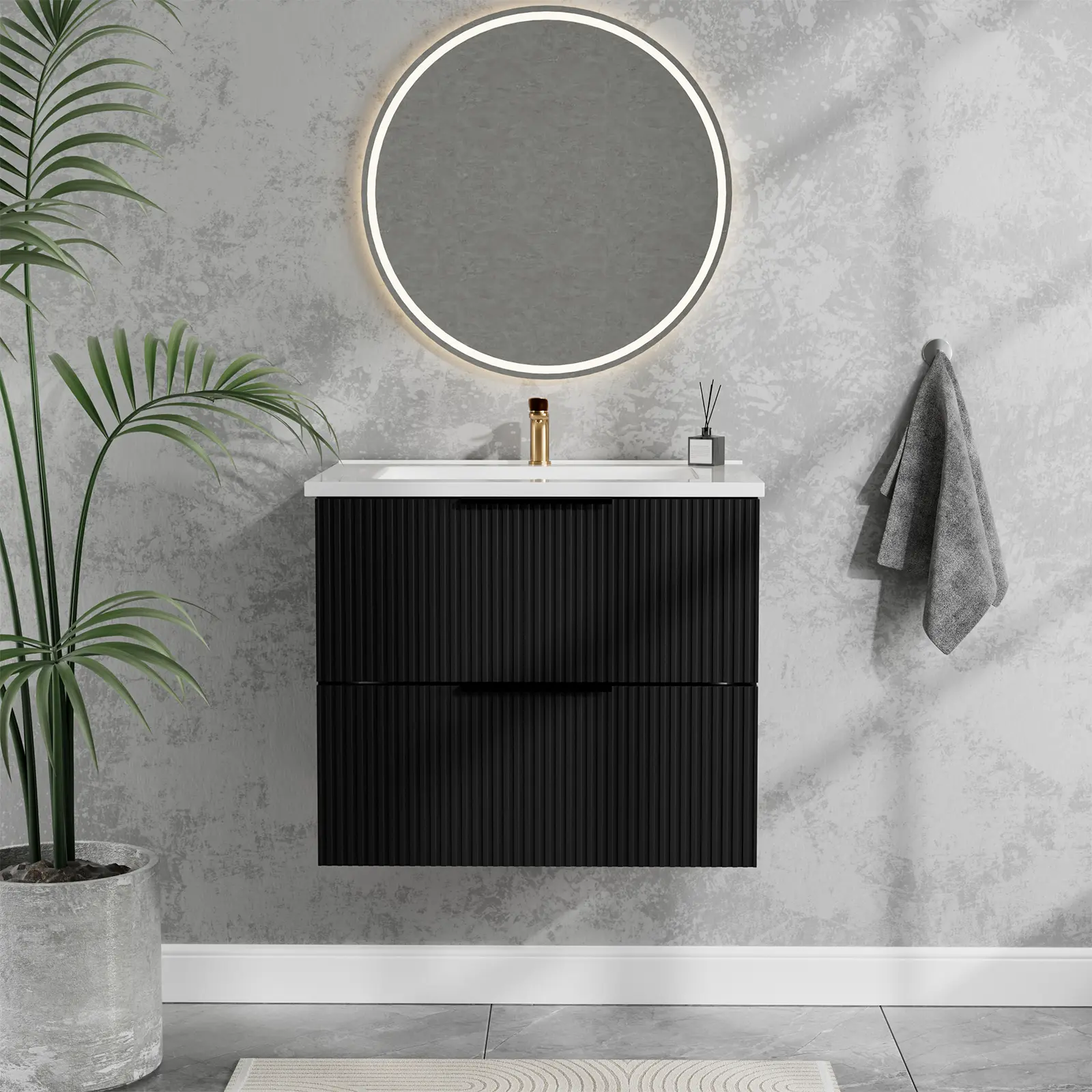 Modern Floating Bathroom Vanity Cabinet with Ceramic Sink, 24-Inch, Matte Black, Fluted Design, Two Drawers, Wall-Hung Storage