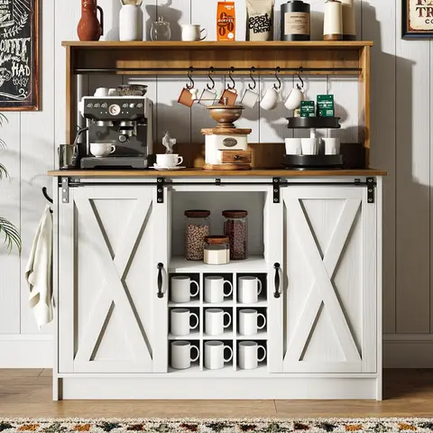 HOMBCK Classic Durable Wood Farmhouse Rustic Coffee Buffet Cabinet - 47" Height Hutch with Padded Table Top, 6 Hooks, 9 Wine Racks, Sliding Door, Adjustable Shelves, Easy to Assemble for Dining & Living Rooms | Soho Chic Home Makeover