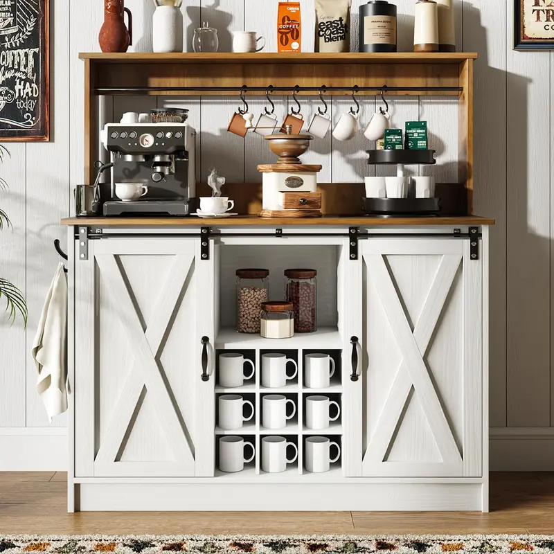 HOMBCK Classic Durable Wood Farmhouse Rustic Coffee Buffet Cabinet - 47" Height Hutch with Padded Table Top, 6 Hooks, 9 Wine Racks, Sliding Door, Adjustable Shelves, Easy to Assemble for Dining & Living Rooms | Soho Chic Home Makeover