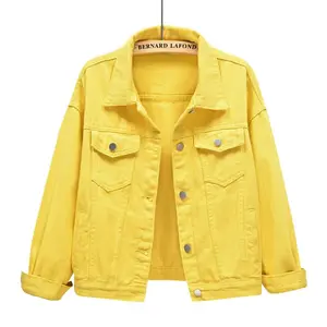 Bernard Lafond Women's Yellow Denim Coat Spring Autumn Short Oversized Fitted Casual Chic Collared Outerwear Basic Minimalist Top Jacket Womenswear Long Sleeve