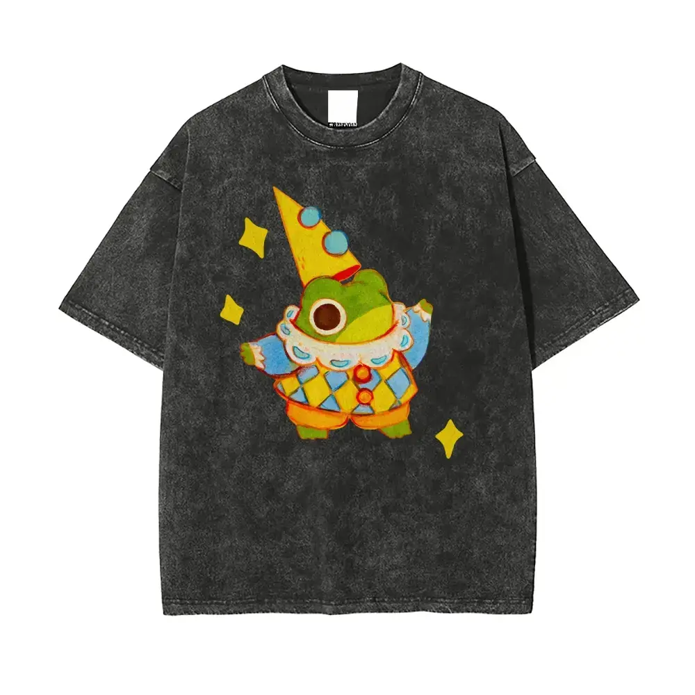Unisex Retro Star Frog Cartoon T-Shirt - Washed-Black Short-Sleeve Round Neck Oversized Casual Everyday Tops, Vintage Washed Soft Comfortable Sports Streetwear Top for Men & Women, Shortsleeve, Tshirt