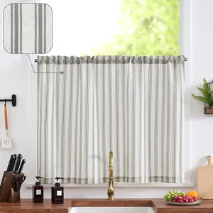 Striped Kitchen Curtain Linen Farmhouse Cafe Curtain 36 Inch Tiers Balanced Stripe Small Window Drape for Bathroom Laundry RV Over Sink Light Filtering 1 Panel Black on Linen