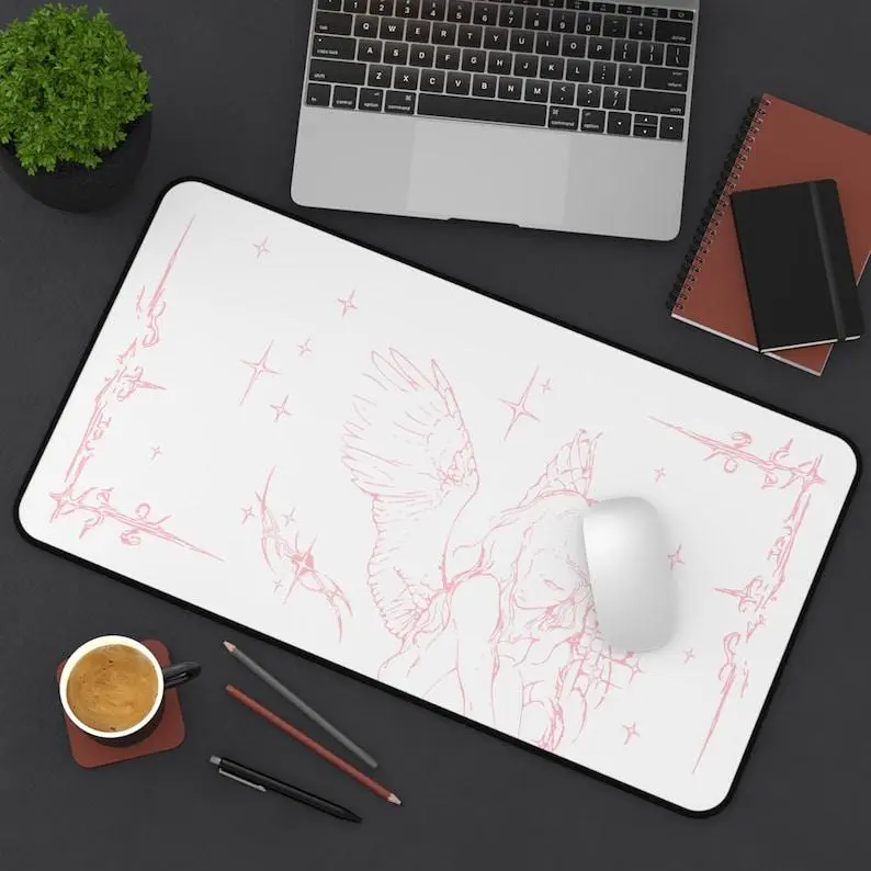 Captured Stars Angel Sketch Desk Mat | Pastel Pink Illustration, Large Mouse Pad, Non-Stitched Mat