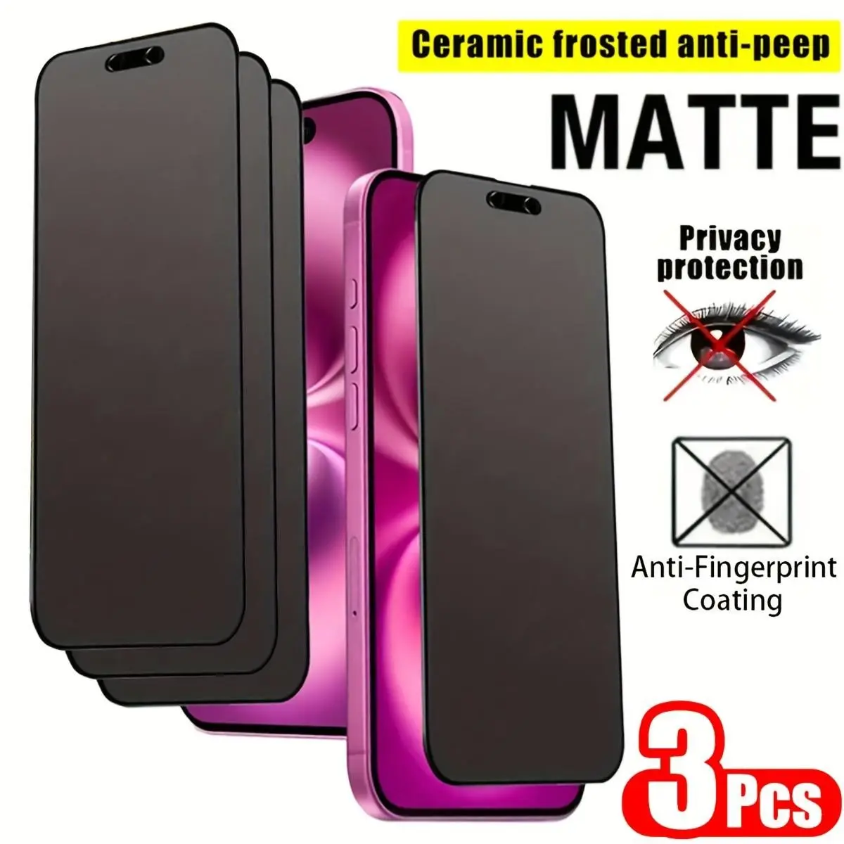 3 Pcs Matte Anti-Peeping Fingerprint Tempered Glass Cellphone Protective Screen Protector Compatible With IPhone 17 Pro Max/17/16 Pro Max/16 Pro/16/15 Plus/14/13 mini/12/11
