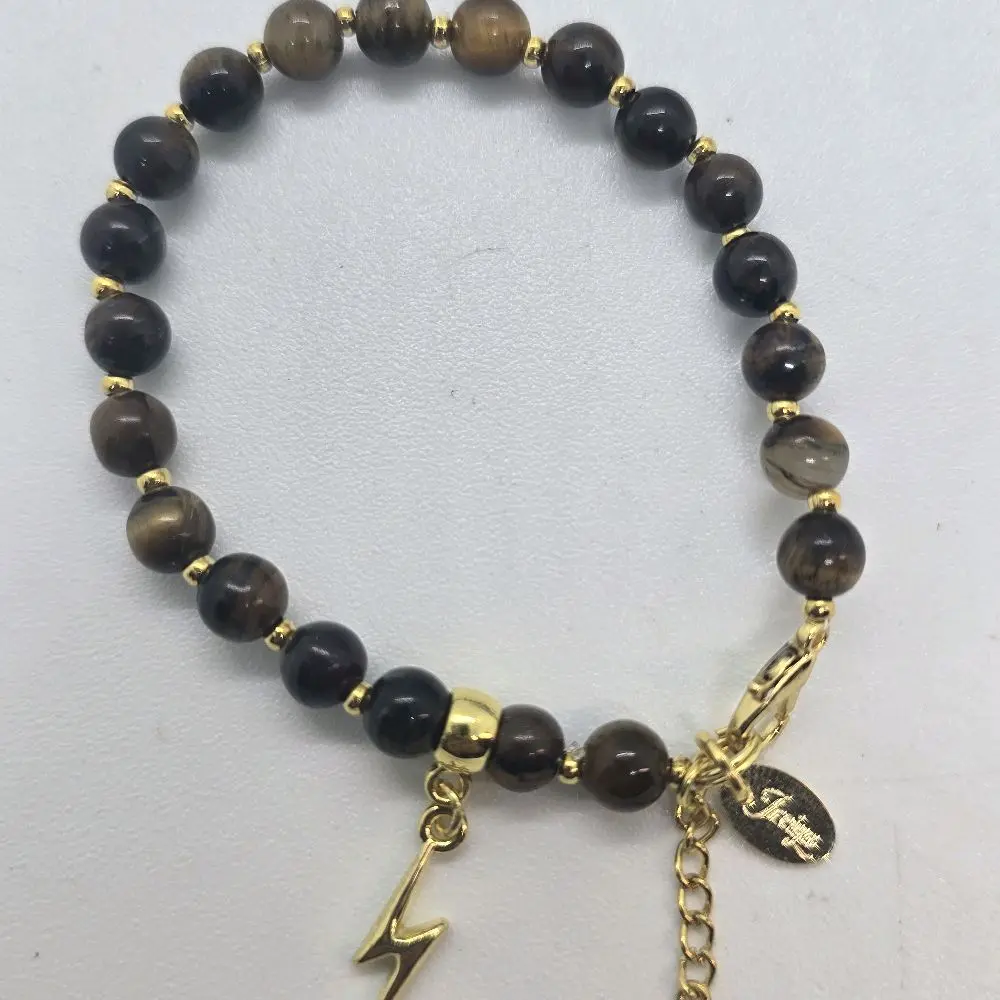 Tiger Eye Beaded Bracelet with Gold Lightning Bolt Charm and Adjustable Chain