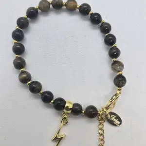 Tiger Eye Beaded Bracelet with Gold Lightning Bolt Charm and Adjustable Chain