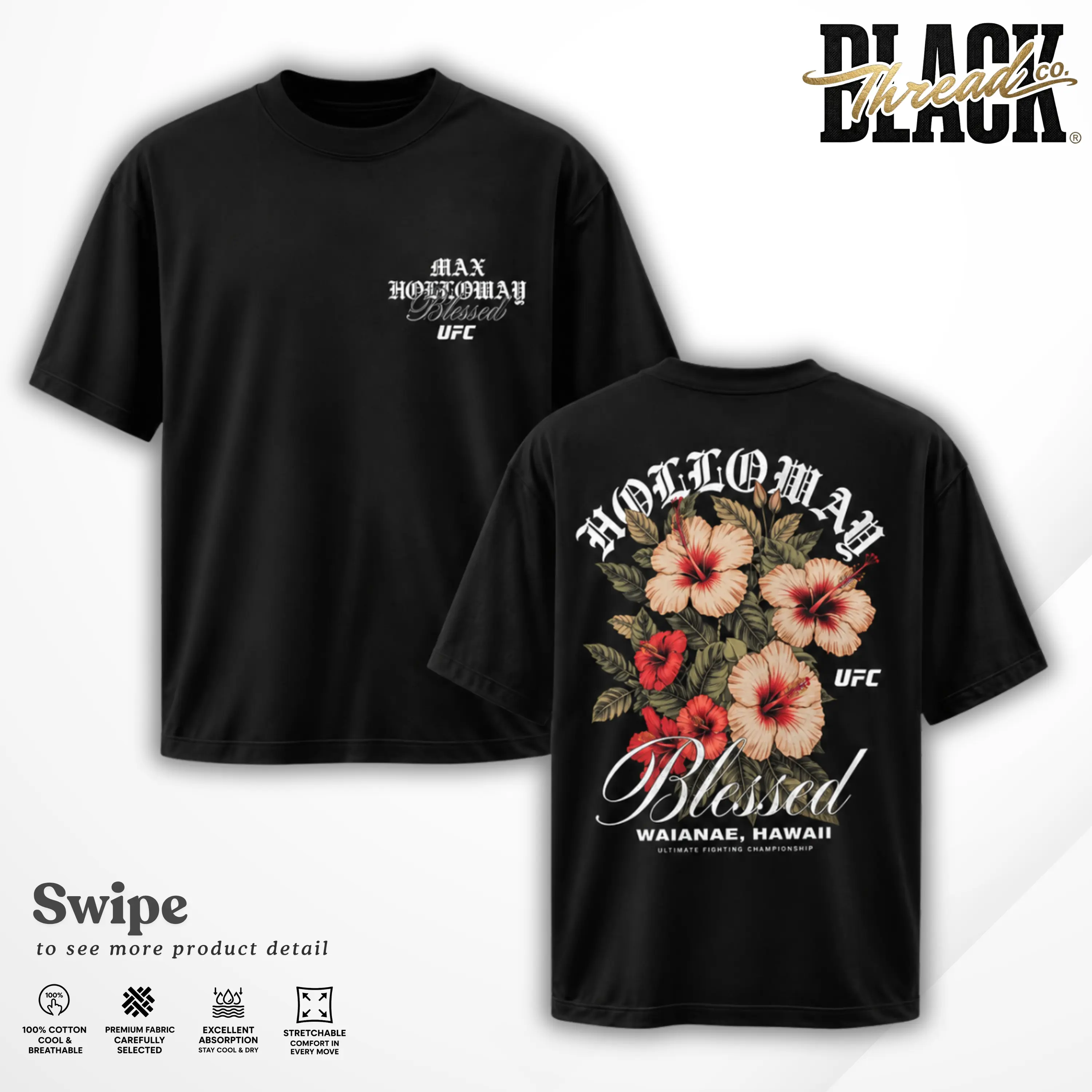 Men's UFC Max Holloway "Blessed" Hawaii T-Shirt, Unisex Premium 100% Cotton MMA Graphic Tee, Top Streetwear Clothes NightFight Gift Fans